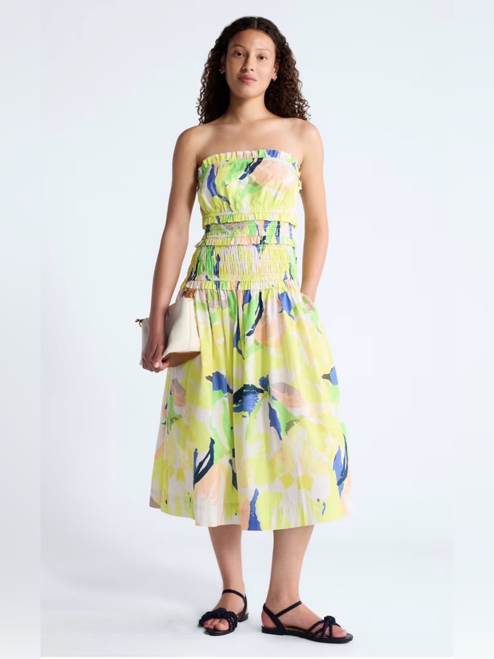 NWT Free Assembly Strapless Smocked Midi Dress Aloha Bloom Cotton Yellow XL